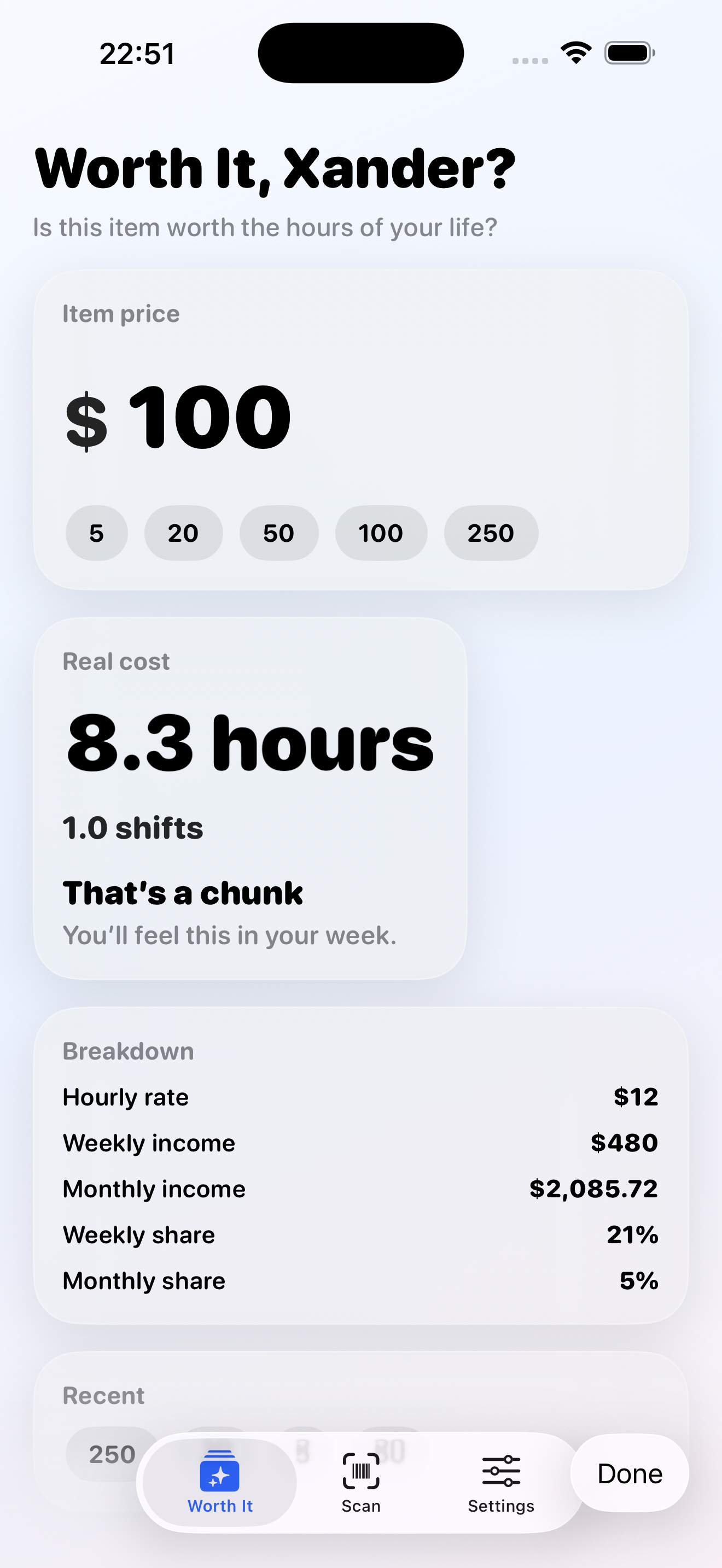 Worth It app screenshot in iPhone frame