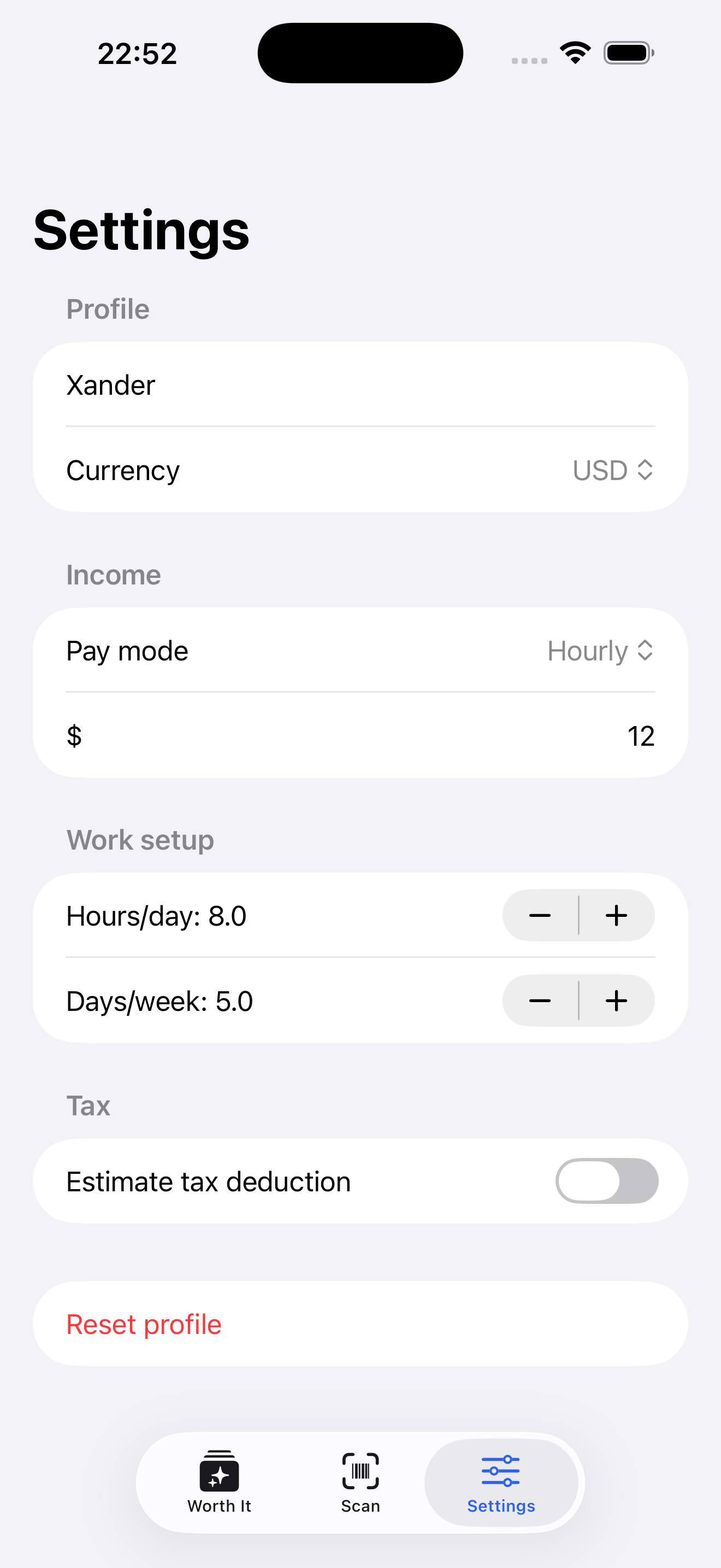 Worth It barcode scan screen